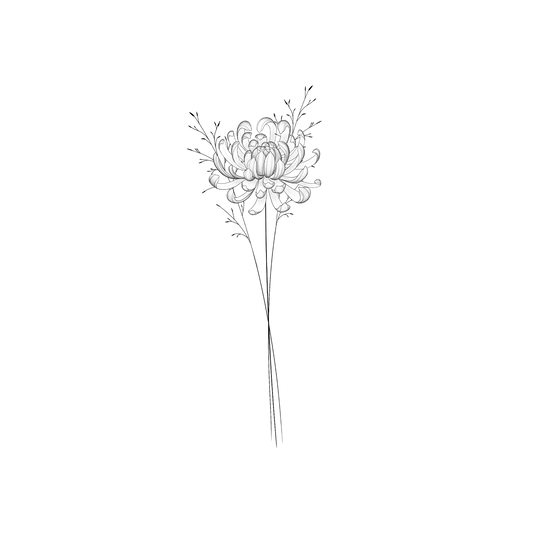 Ontwerp van een half opengeklapte chrysant met fijne lijnen en lichte schaduw, met achter de bloem twee minimalistische takjes.