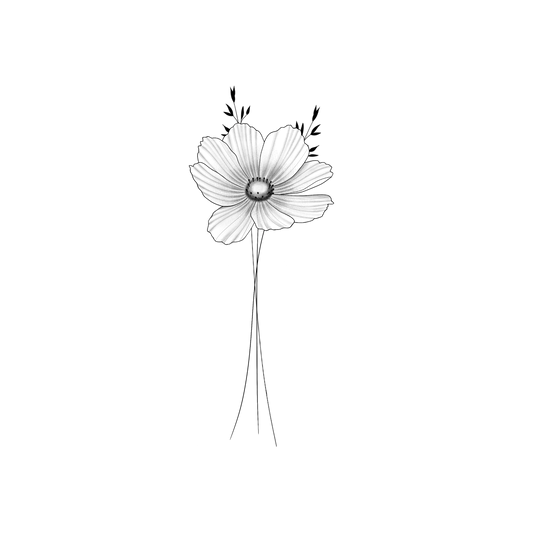 Ontwerp van een Cosmos bloem met lichte schaduw in alle balderen. In de kern van de bloem zitten een aantal kleine stampers. Achter de bloem staan twee sierlijke takjes.