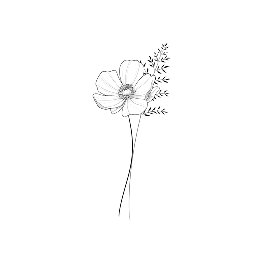 Ontwerp van een klaproos met ver open geklapte bladeren en fijne lijnen aan de binnenkant van de bladeren. Rechts achter de bloem staat een sierlijk takje.