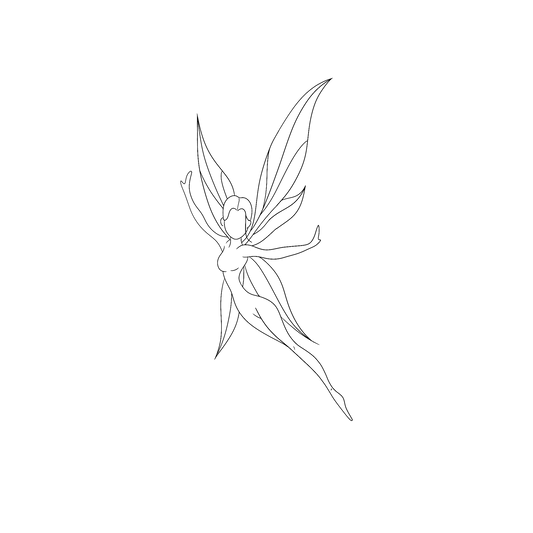 Ontwerp van een sierlijke fee met grote vleugels en uitgestrekte armen.