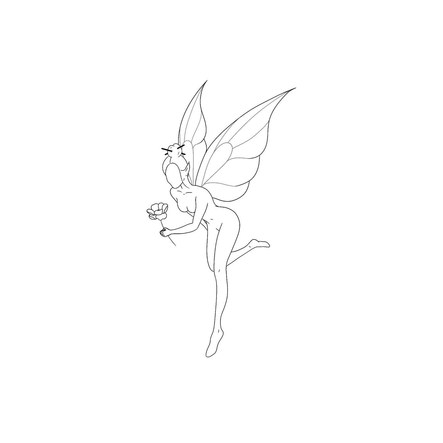 Ontwerp van een elegante fee met grote vleugels, die iets voorovergebogen vliegt met een bloem in haar hand.