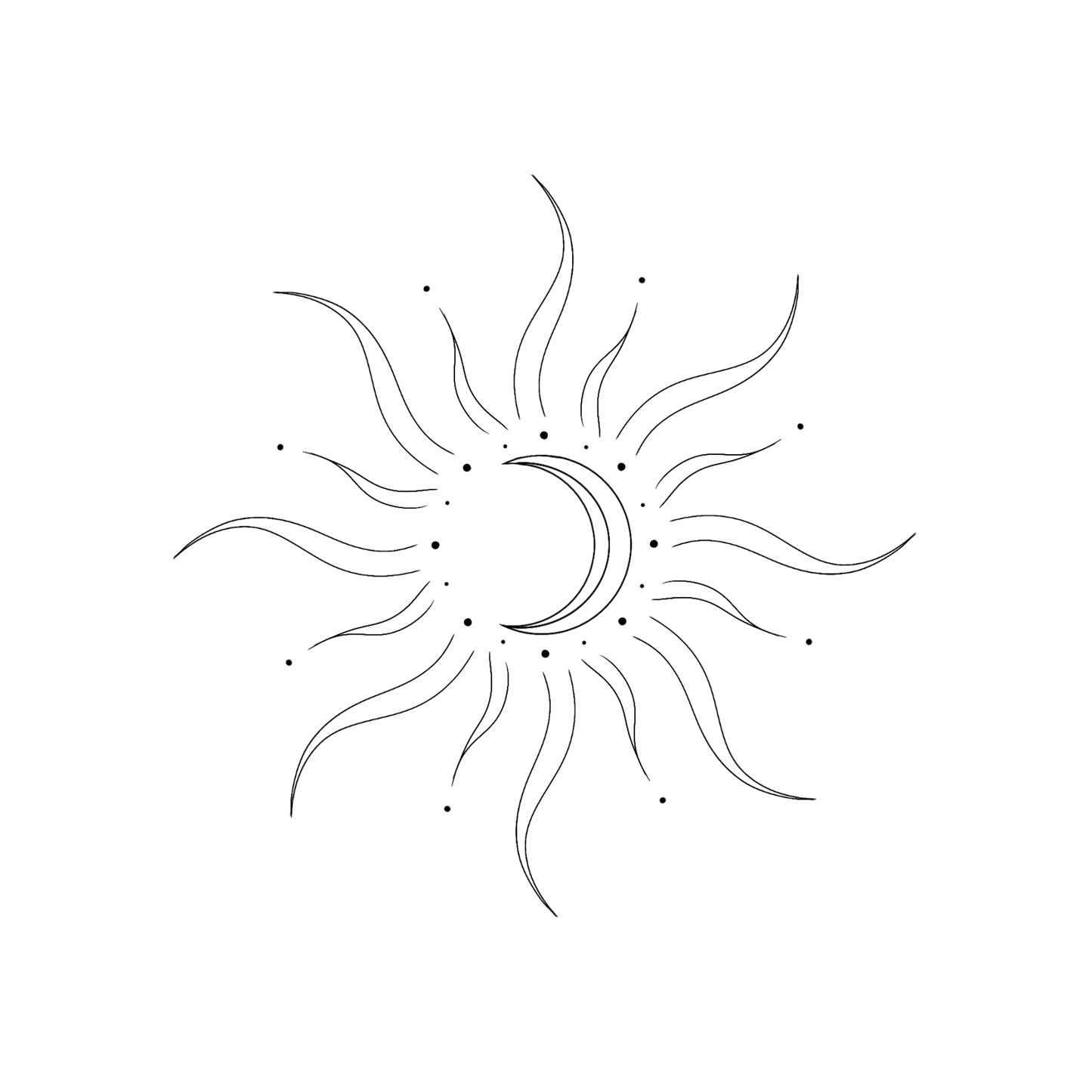 Een abstracte zon met golvende stralen en een halve maan in het midden, omringd door kleine stipjes.