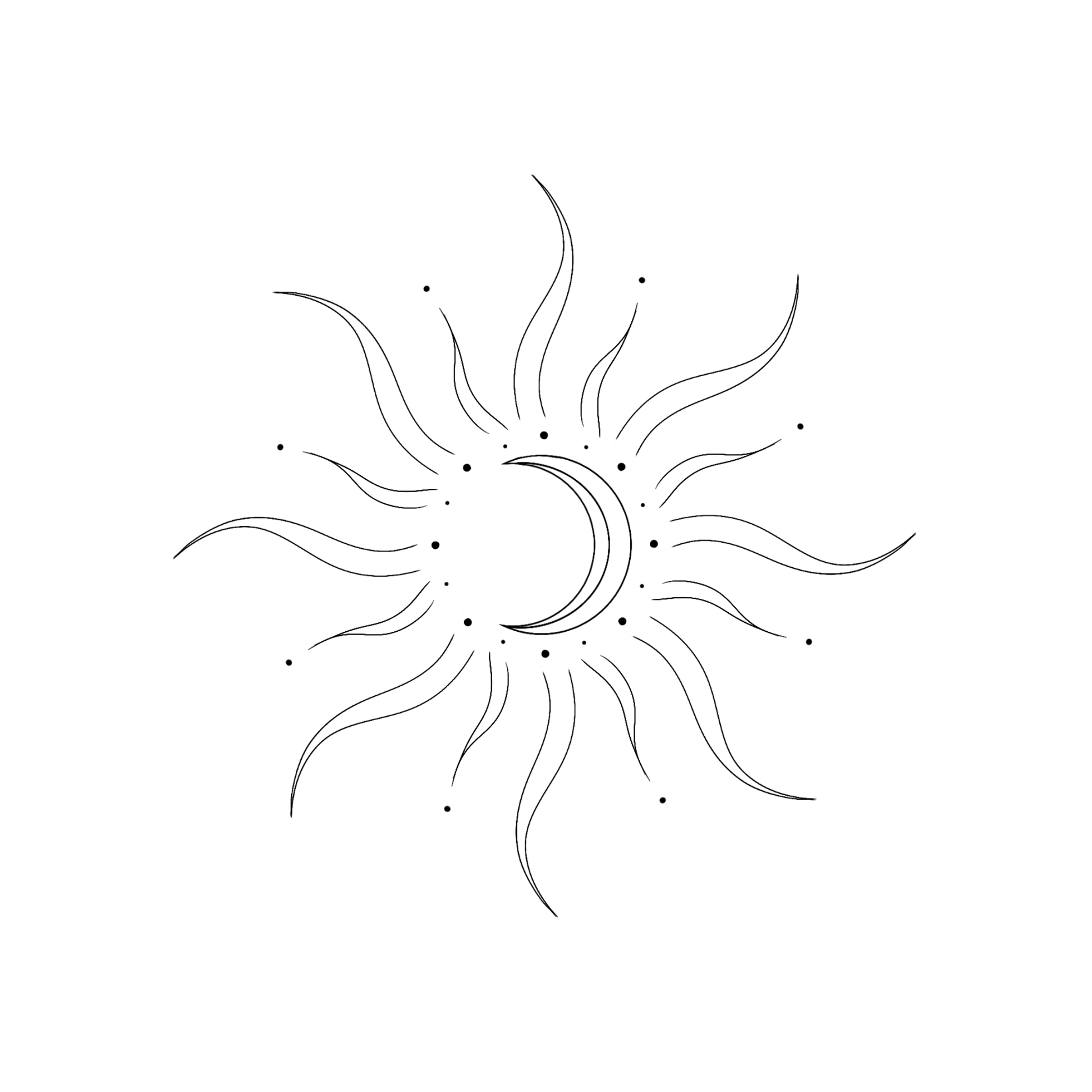 Een abstracte zon met golvende stralen en een halve maan in het midden, omringd door kleine stipjes.