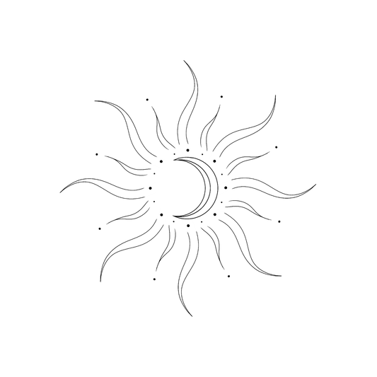 Een abstracte zon met golvende stralen en een halve maan in het midden, omringd door kleine stipjes.