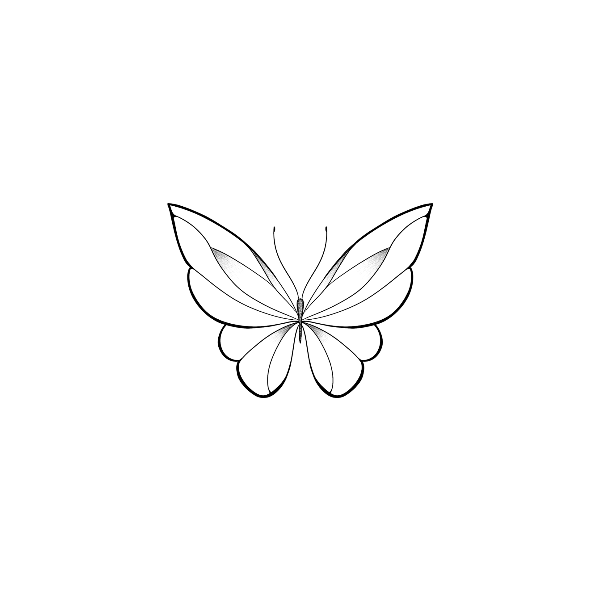 Ontwerp van een vlinder met een klein lijfje, waarbij de bovenste vleugels uitlopen in een punt en groter zijn dan de onderste vleugels. De vlinder heeft een paar lichte schaduw details in de vleugels.