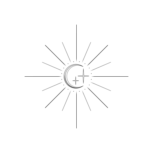 Een minimalistisch ontwerp van een halve maan met dunne zonnestralen er achter. Naast de maan staan twee vierpuntige sterren. De maan en sterren worden omringd door kleine stipjes.