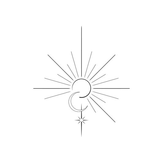 Een minimalistisch ontwerp van een halve zon met stralen en een dunne halve maan die iets voor de zon staat waardoor de stralen worden onderbroken. Onder de maan staat een achtpuntige ster.