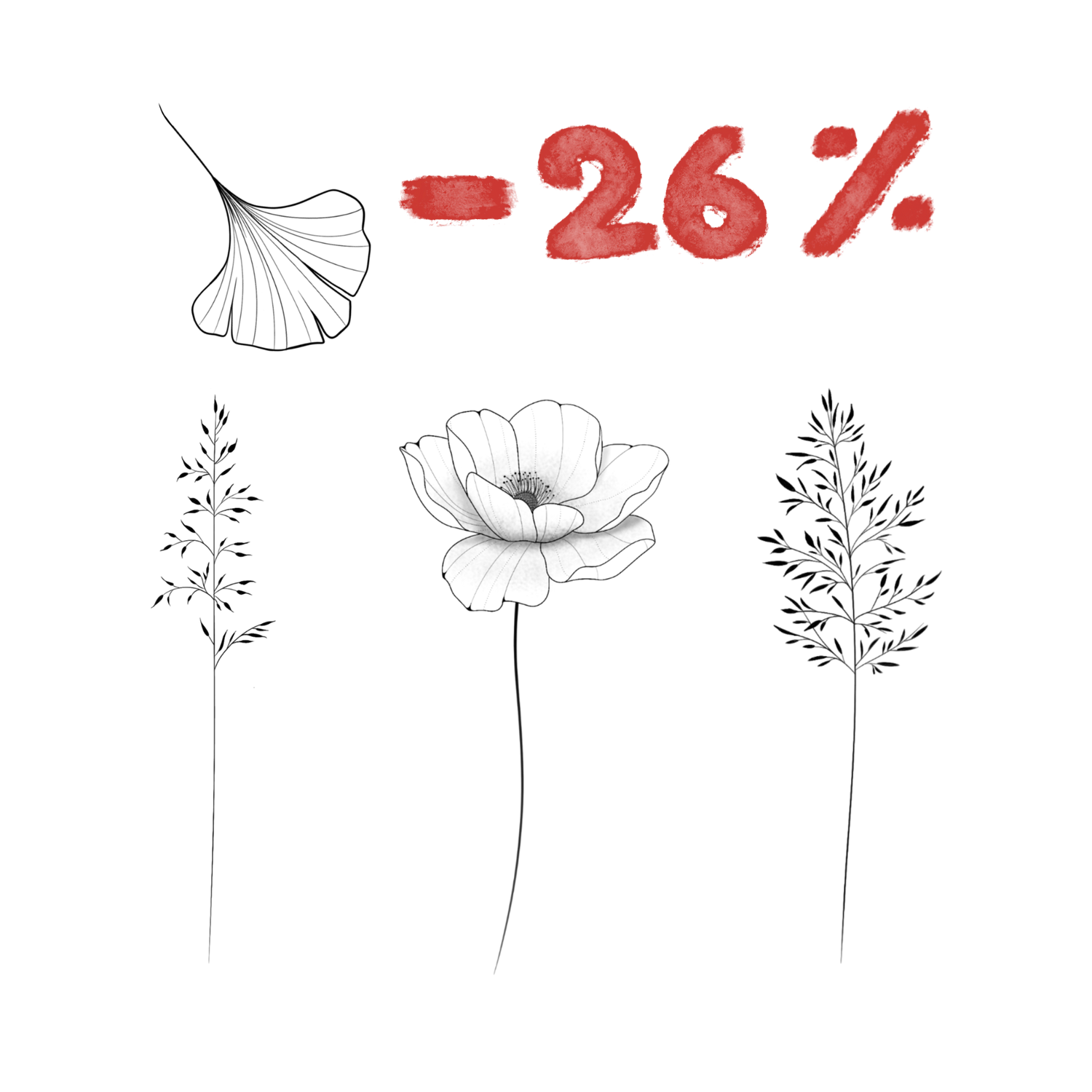 Overzicht van een tattoo bundel met 4 verschillende plantsoorten/ bloemsoort. Bovenin staat -26%