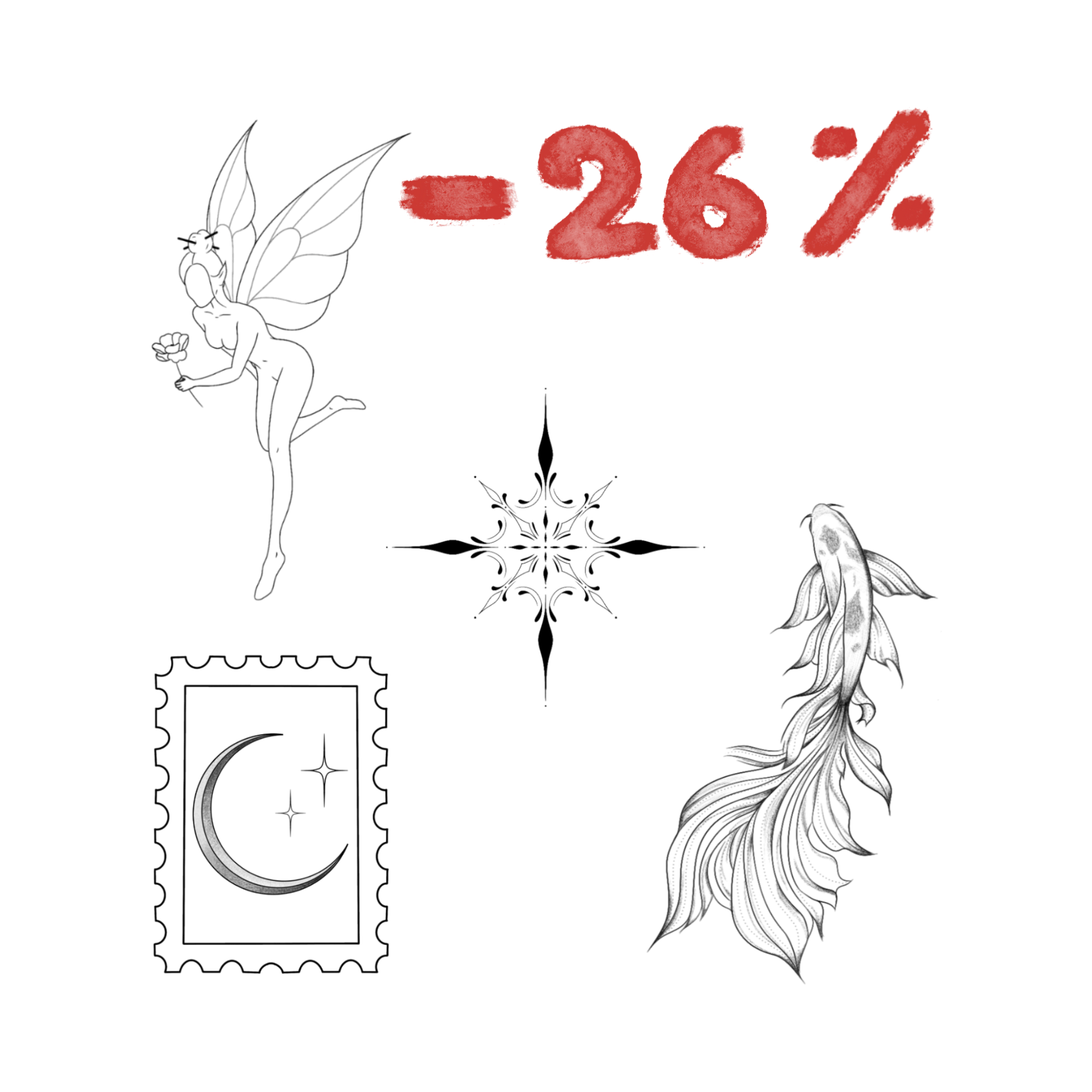Overzicht van een tattoo bundel met 4 verschillende ontwerpen; een elf, een ornament, een postzegel en een koi. Bovenin staat -26%