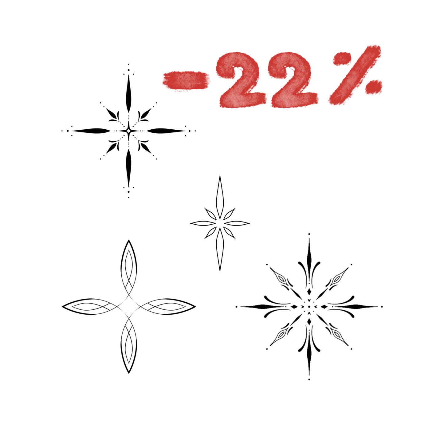 Overzicht van een tattoo bundel met 4 verschillende ornamenten. Bovenin staat -22%.