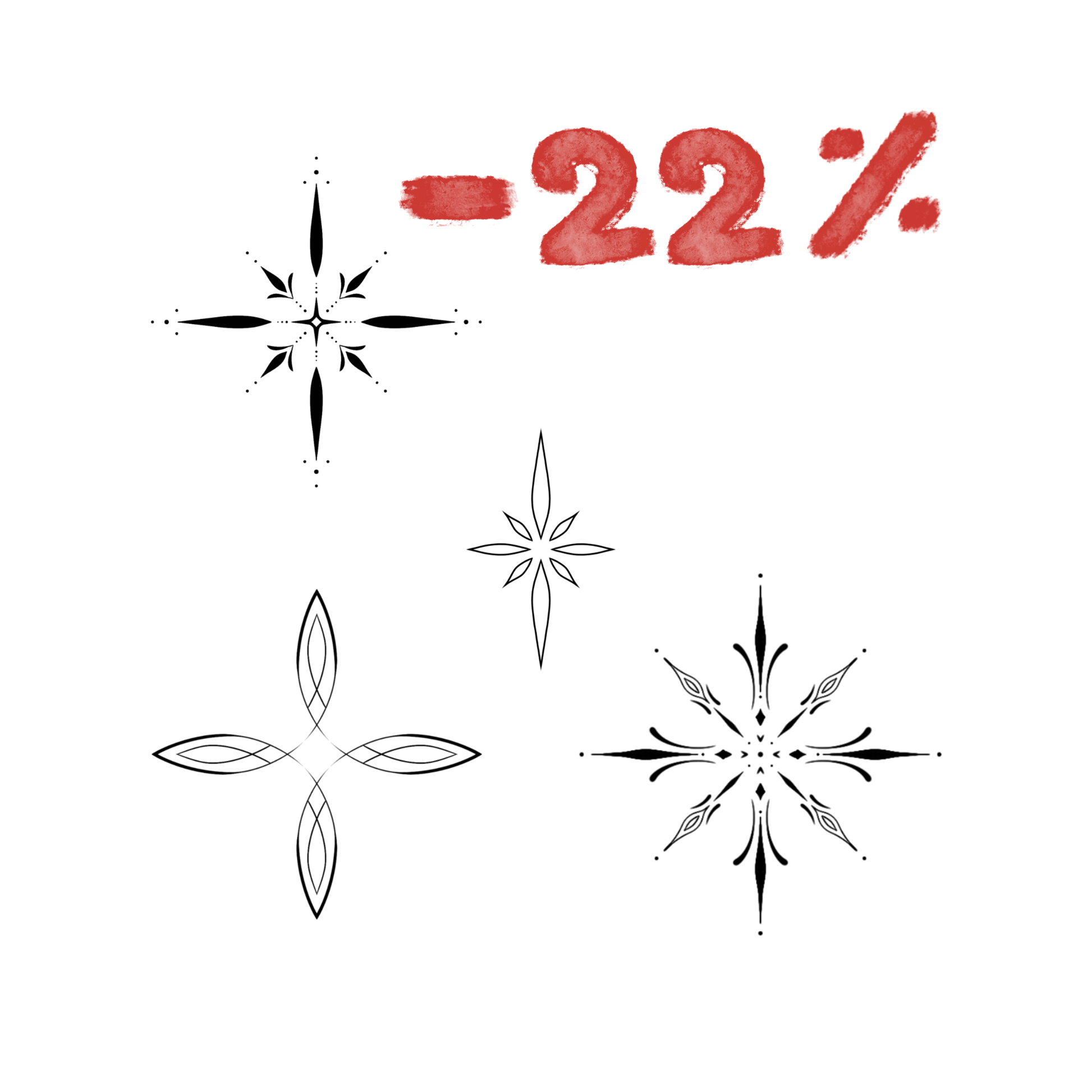 Overzicht van een tattoo bundel met 4 verschillende ornamenten. Bovenin staat -22%.