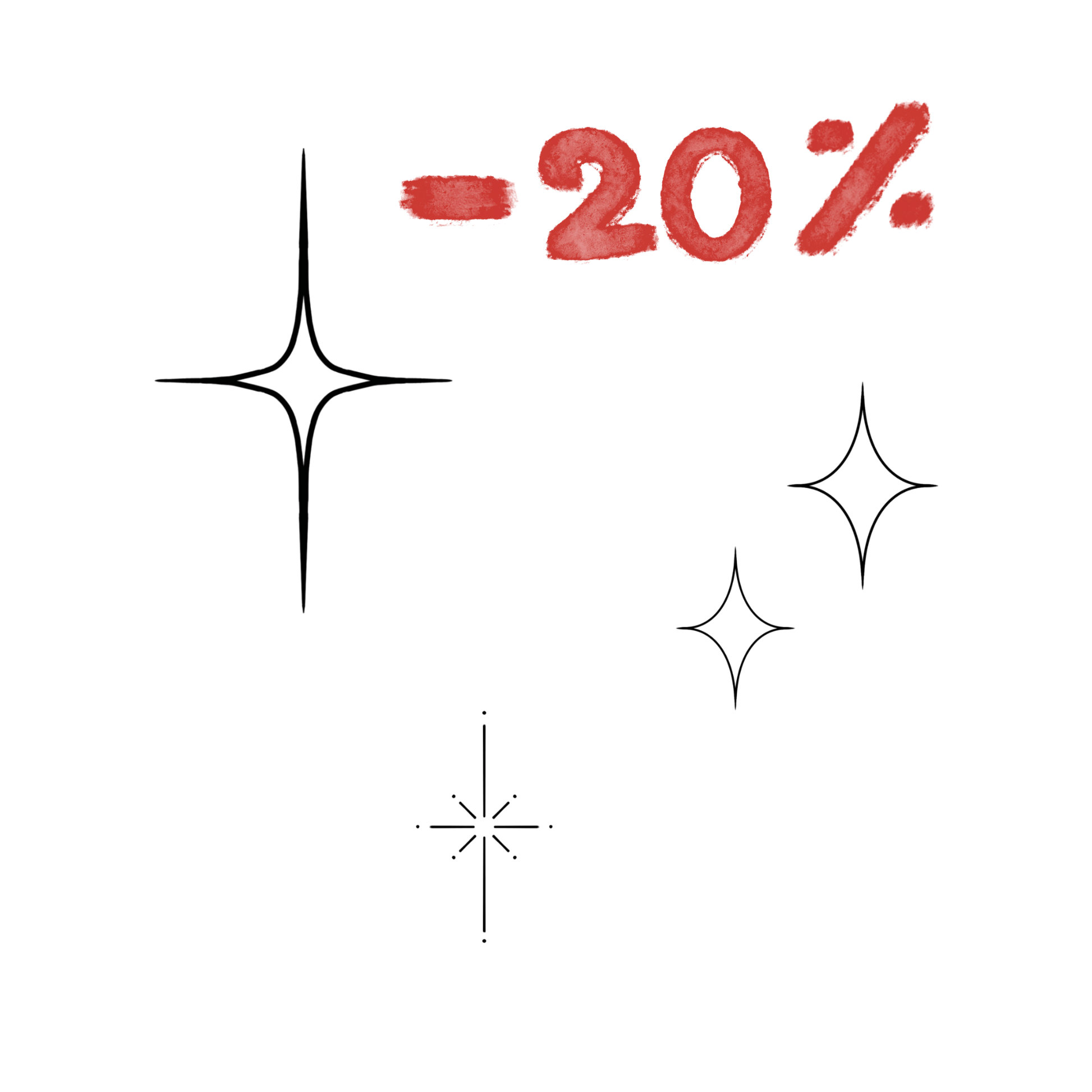 Overzicht van een tattoo bundel met 3 verschillende sterren of sprankels, bovenin staat -20%