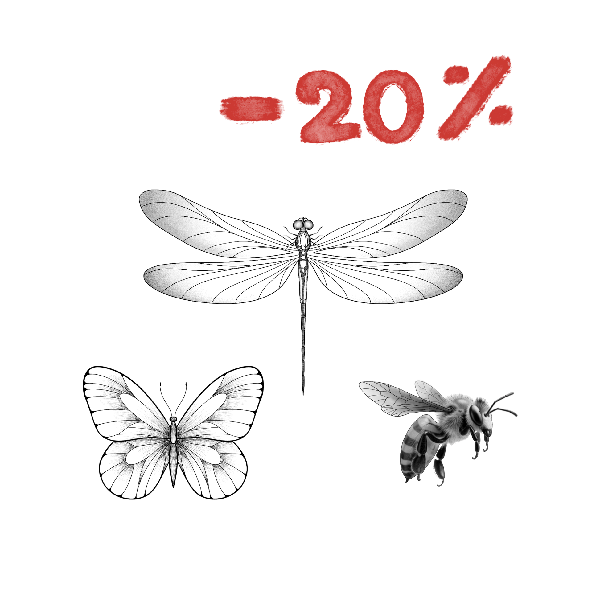 Overzicht van een tattoo bundel met 3 verschillende insecten, bovenin staat -20%