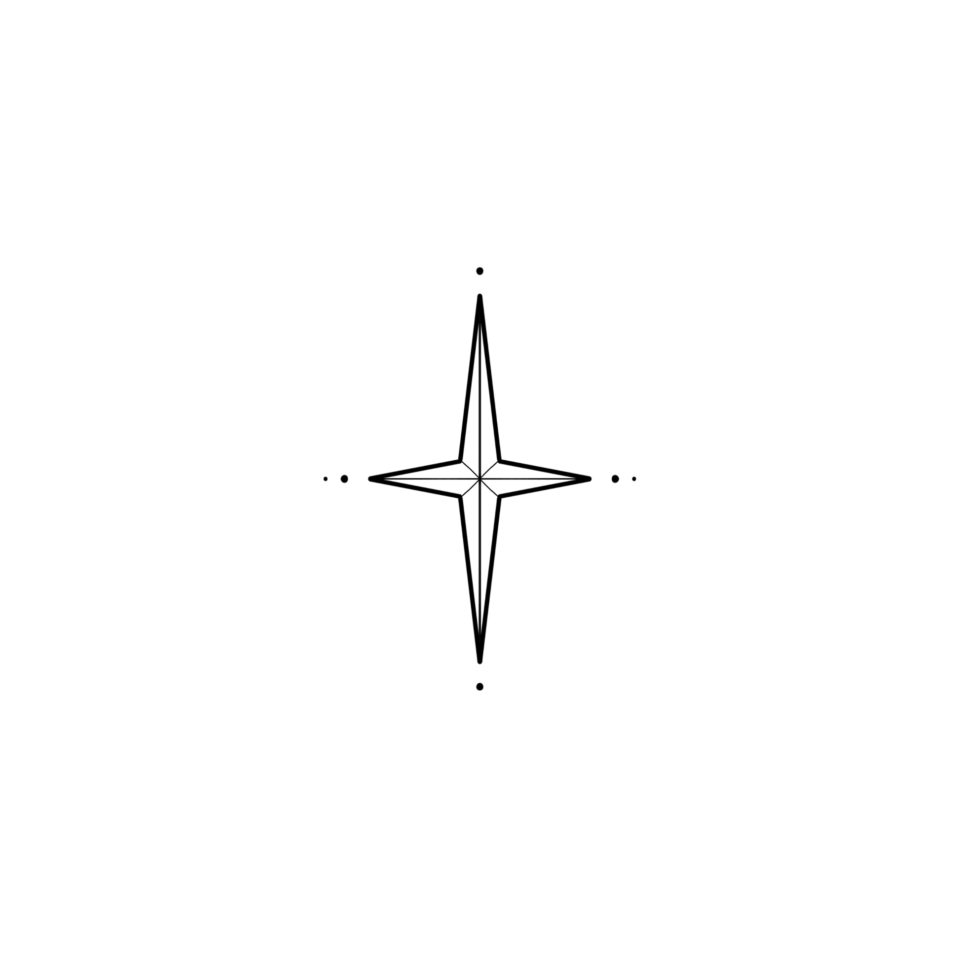Ontwerp van een vierpuntige ster waarbij de verticale punten langer zijn, met twee kleine stipjes bij iedere punt.