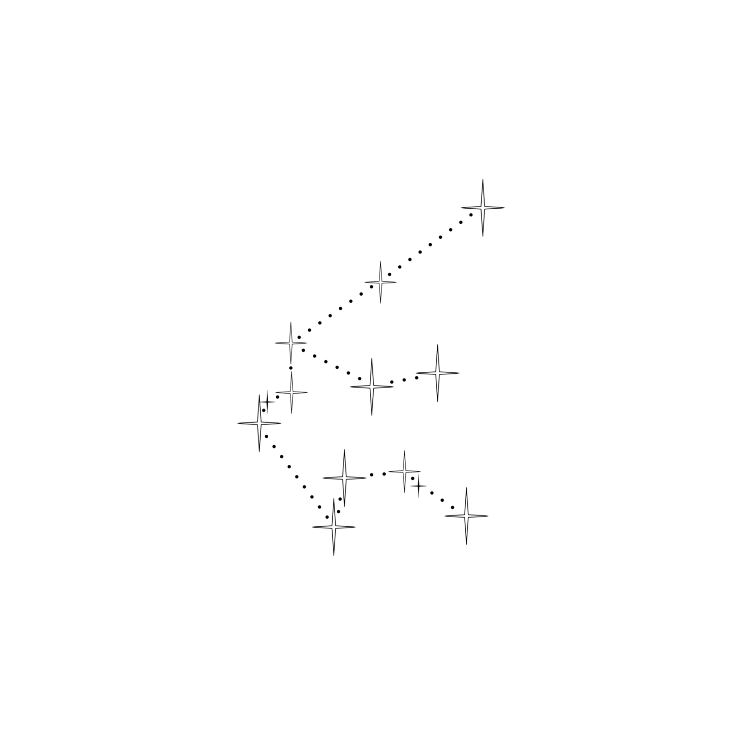 Minimalistisch ontwerp van het sterrenbeeld Waterman, bestaande uit sterren in verschillende groottes, die verbonden worden door kleine stipjes.