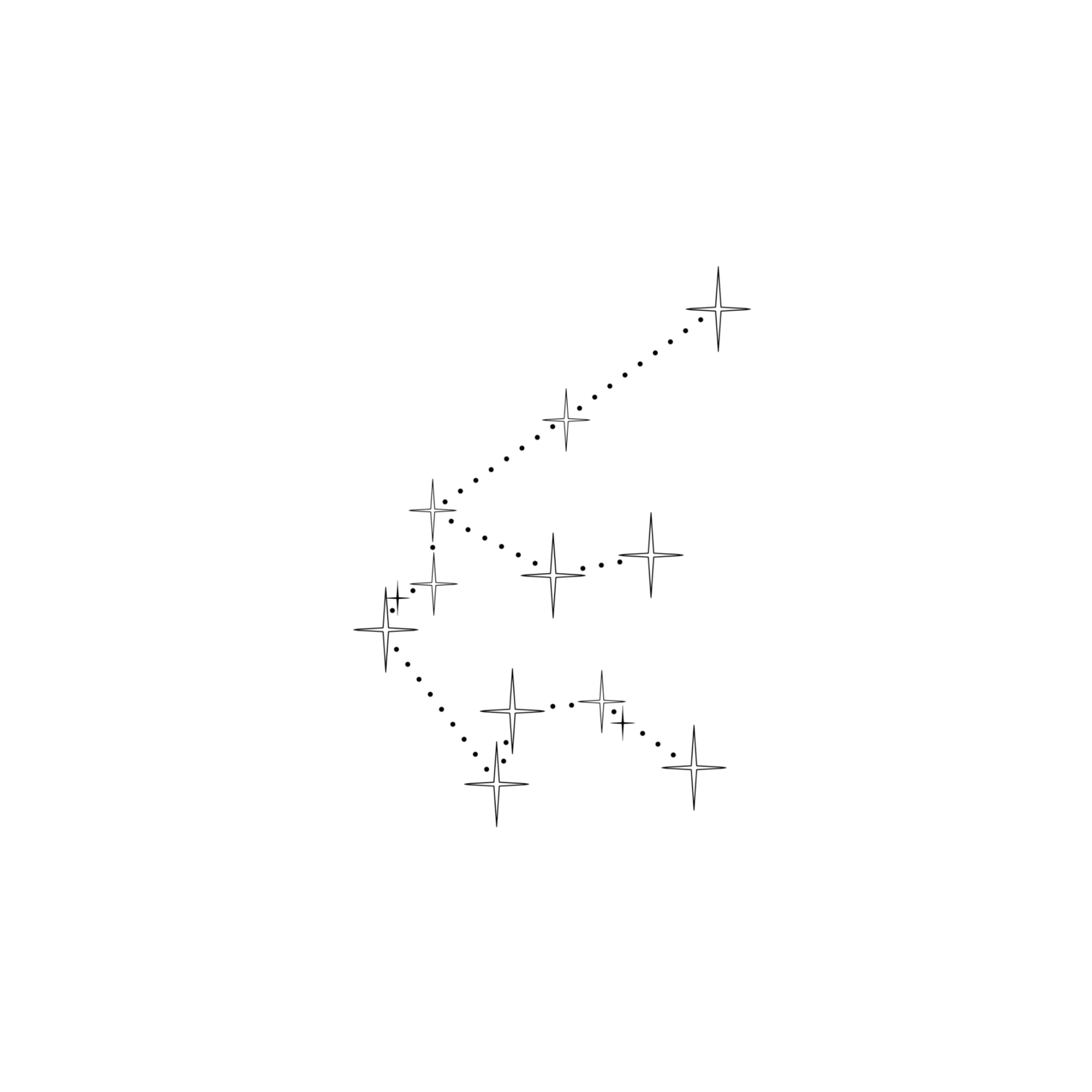 Minimalistisch ontwerp van het sterrenbeeld Waterman, bestaande uit sterren in verschillende groottes, die verbonden worden door kleine stipjes.