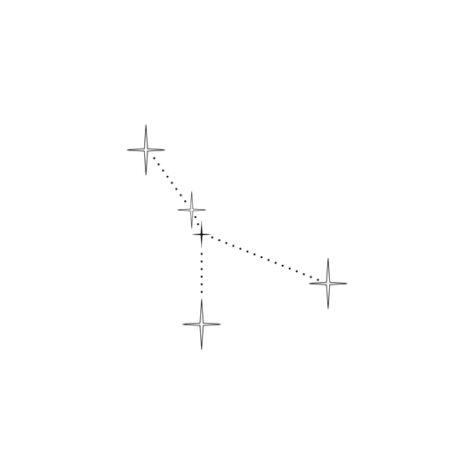 Minimalistisch ontwerp van het sterrenbeeld Kreeft, bestaande uit sterren in verschillende groottes, die verbonden worden door kleine stipjes.