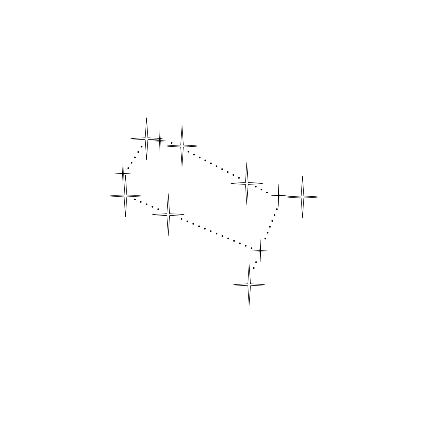 Minimalistisch ontwerp van het sterrenbeeld Tweelingen, bestaande uit sterren in verschillende groottes, die verbonden worden door kleine stipjes.