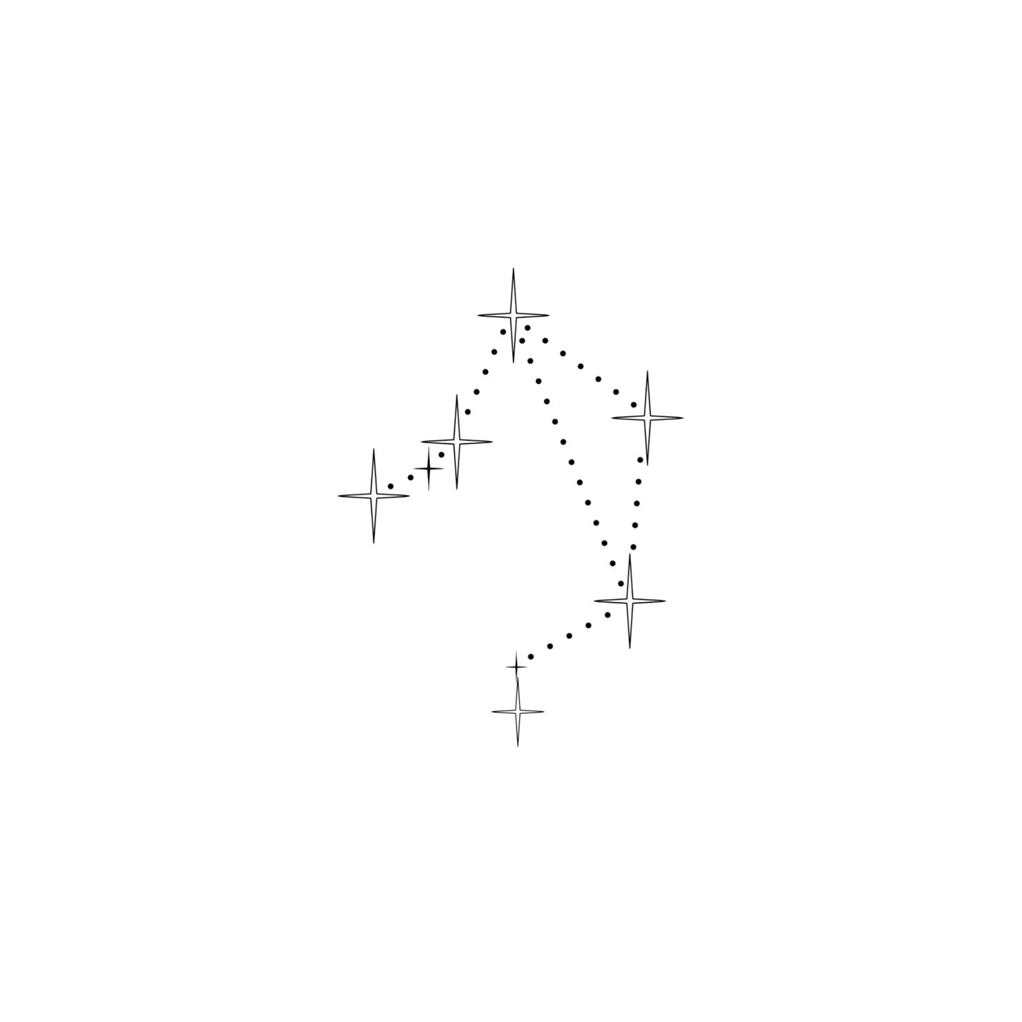 Minimalistisch ontwerp van het sterrenbeeld Weegschaal, bestaande uit sterren in verschillende groottes, die verbonden worden door kleine stipjes.