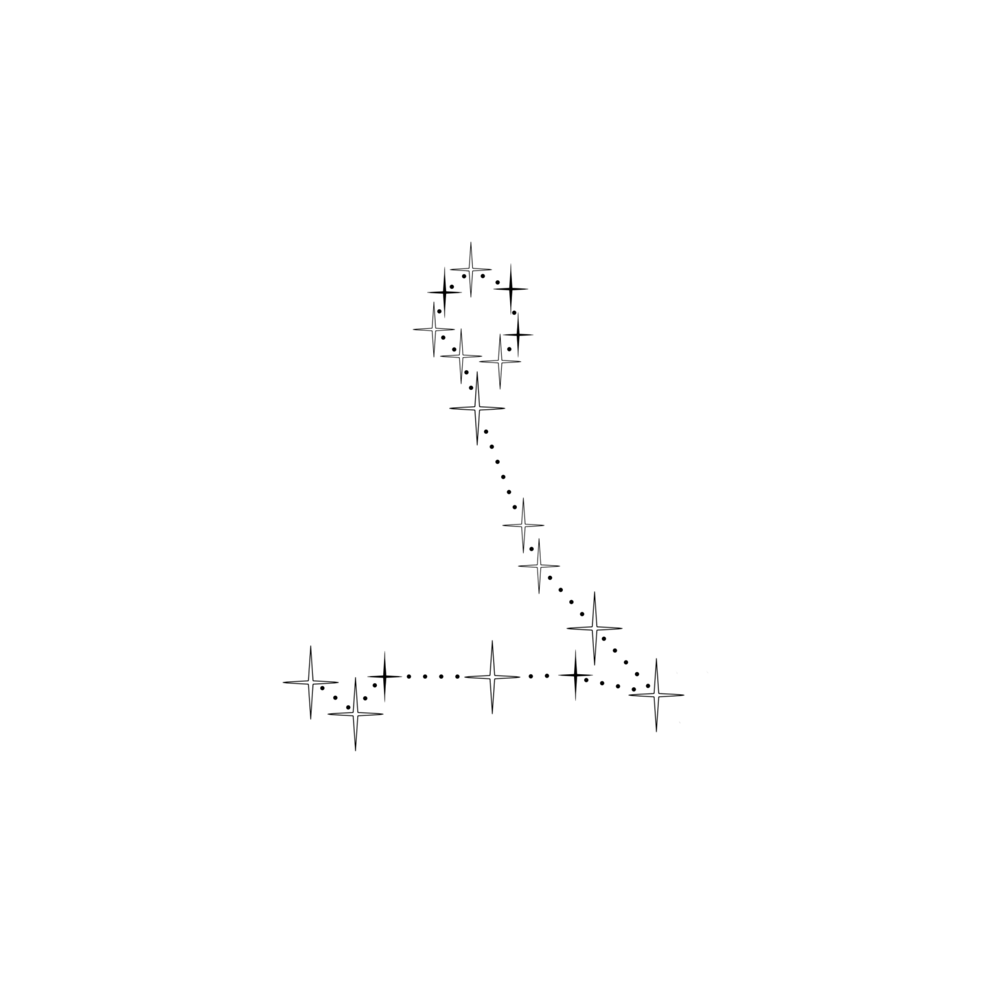 Minimalistisch ontwerp van het sterrenbeeld Vissen, bestaande uit sterren in verschillende groottes, die verbonden worden door kleine stipjes.
