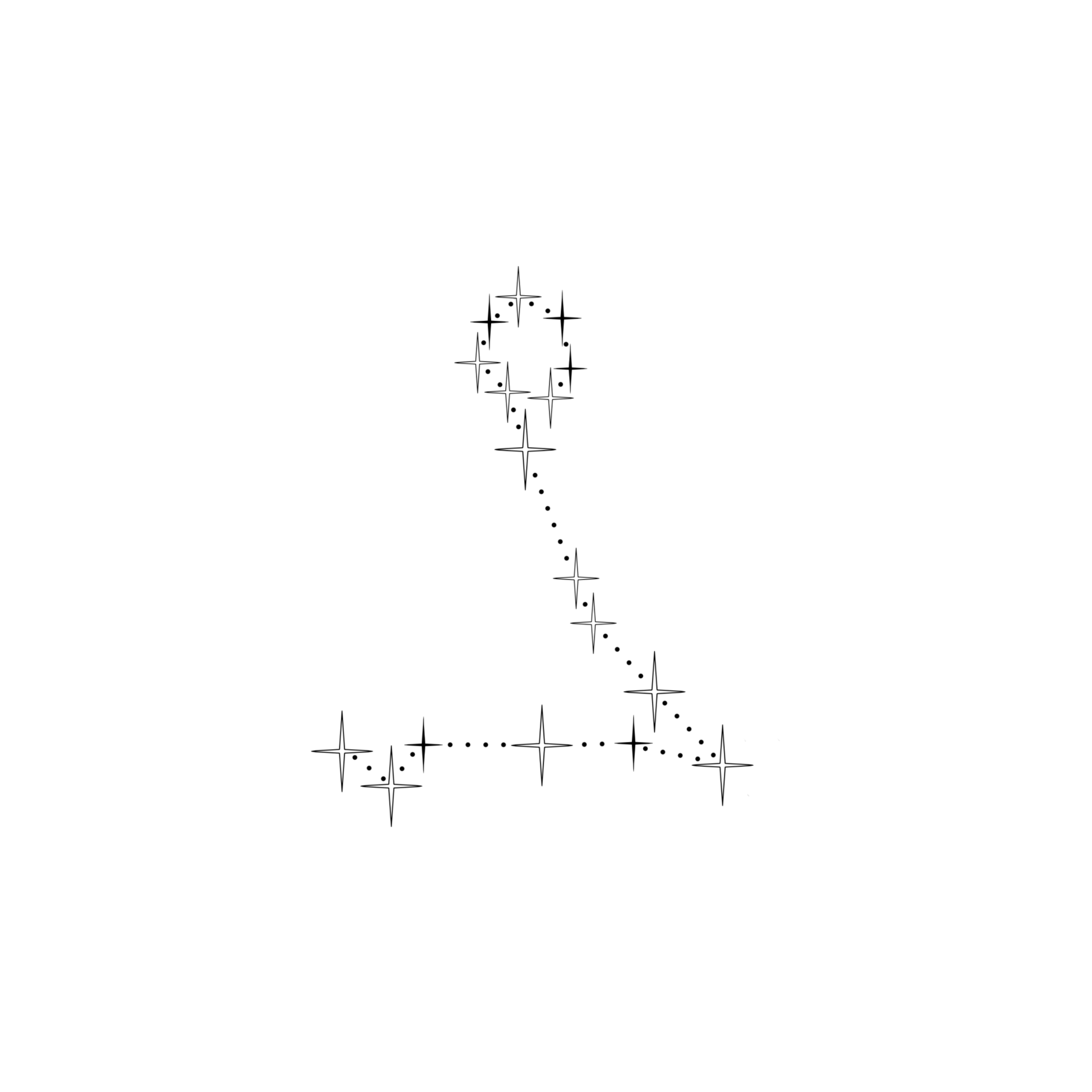 Minimalistisch ontwerp van het sterrenbeeld Vissen, bestaande uit sterren in verschillende groottes, die verbonden worden door kleine stipjes.