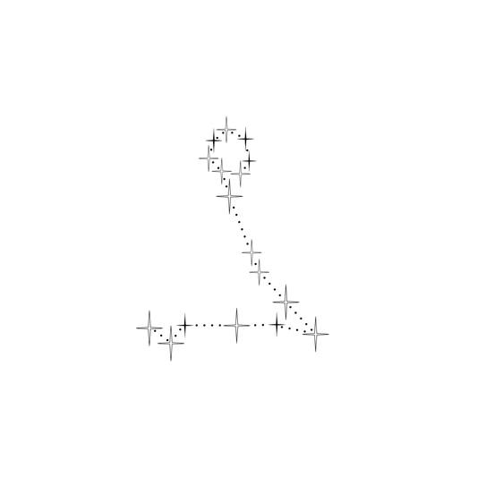 Minimalistisch ontwerp van het sterrenbeeld Vissen, bestaande uit sterren in verschillende groottes, die verbonden worden door kleine stipjes.