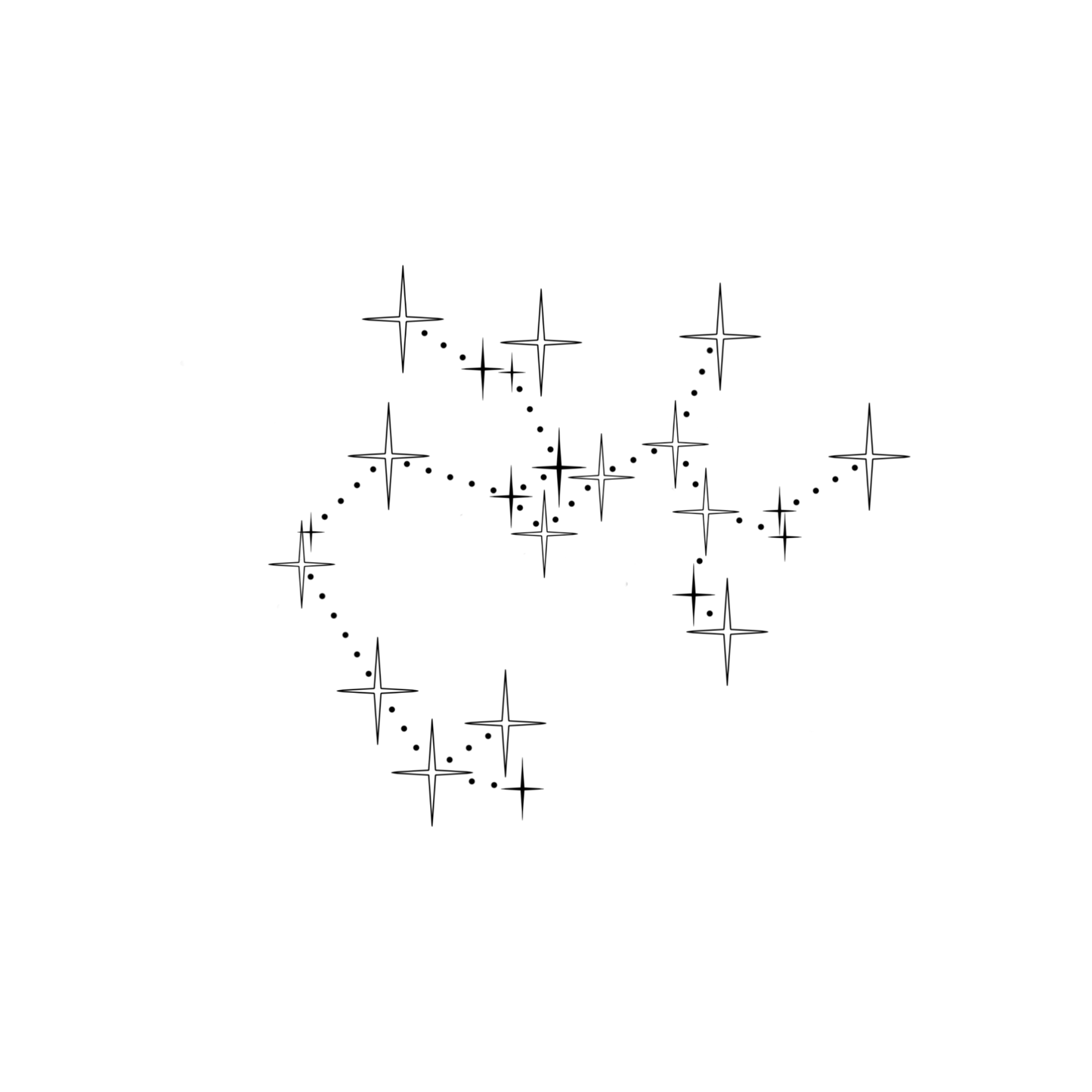 Minimalistisch ontwerp van het sterrenbeeld Boogschutter, bestaande uit sterren in verschillende groottes, die verbonden worden door kleine stipjes.