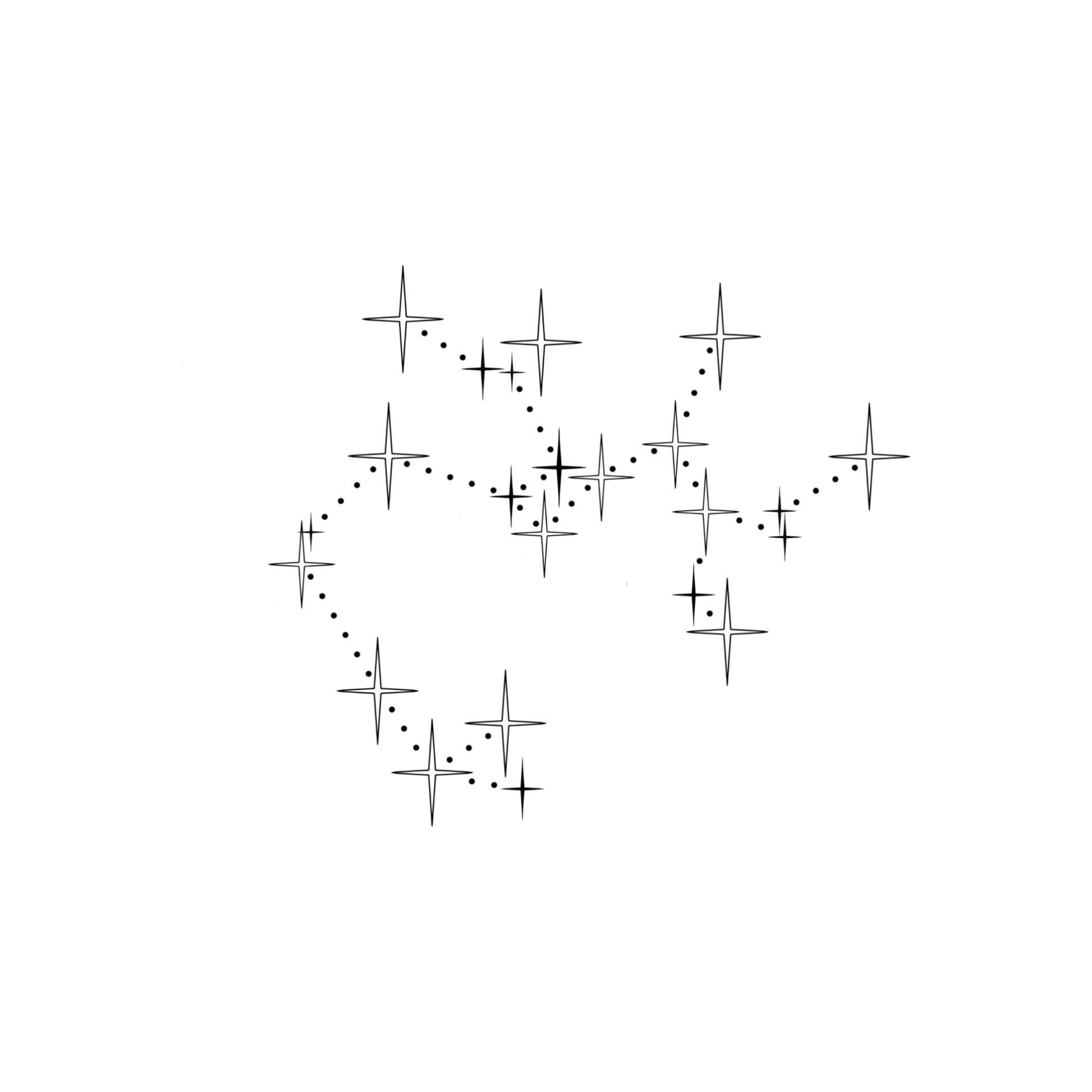 Minimalistisch ontwerp van het sterrenbeeld Boogschutter, bestaande uit sterren in verschillende groottes, die verbonden worden door kleine stipjes.