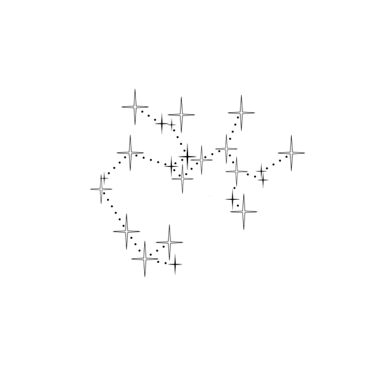 Minimalistisch ontwerp van het sterrenbeeld Boogschutter, bestaande uit sterren in verschillende groottes, die verbonden worden door kleine stipjes.