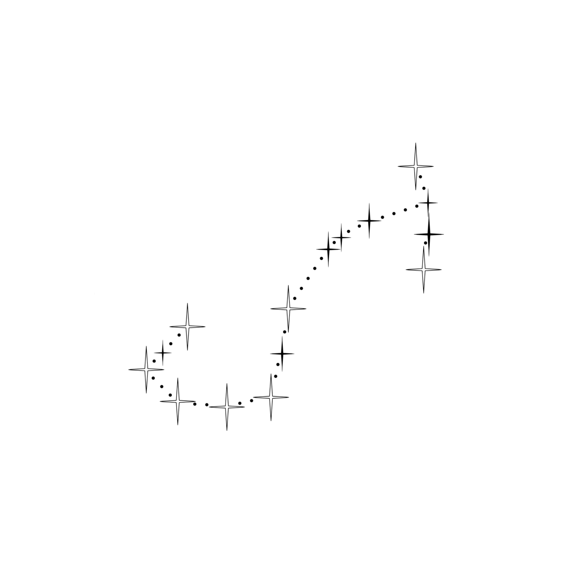 Minimalistisch ontwerp van het sterrenbeeld Schorpioen, bestaande uit sterren in verschillende groottes, die verbonden worden door kleine stipjes.