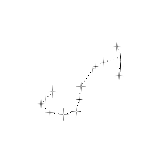 Minimalistisch ontwerp van het sterrenbeeld Schorpioen, bestaande uit sterren in verschillende groottes, die verbonden worden door kleine stipjes.