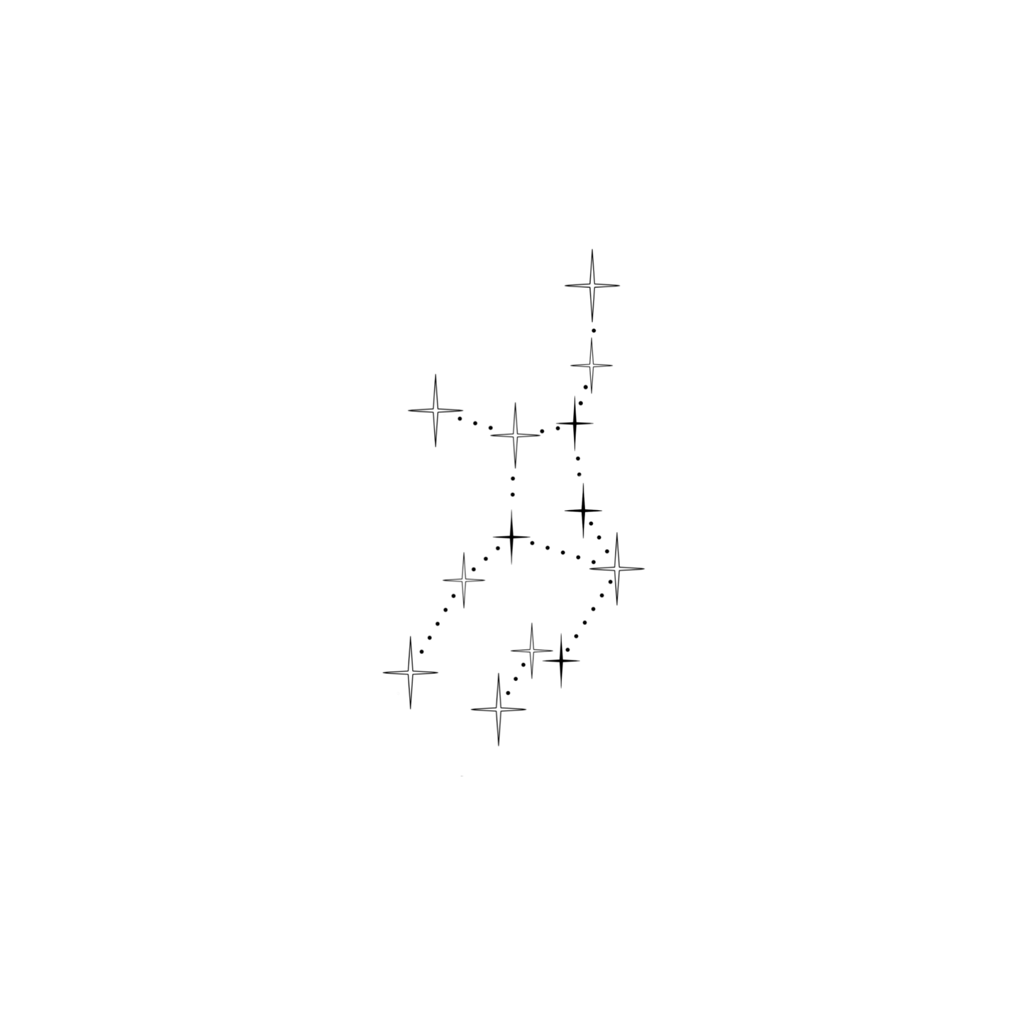 Minimalistisch ontwerp van het sterrenbeeld Maagd, bestaande uit sterren in verschillende groottes, die verbonden worden door kleine stipjes.