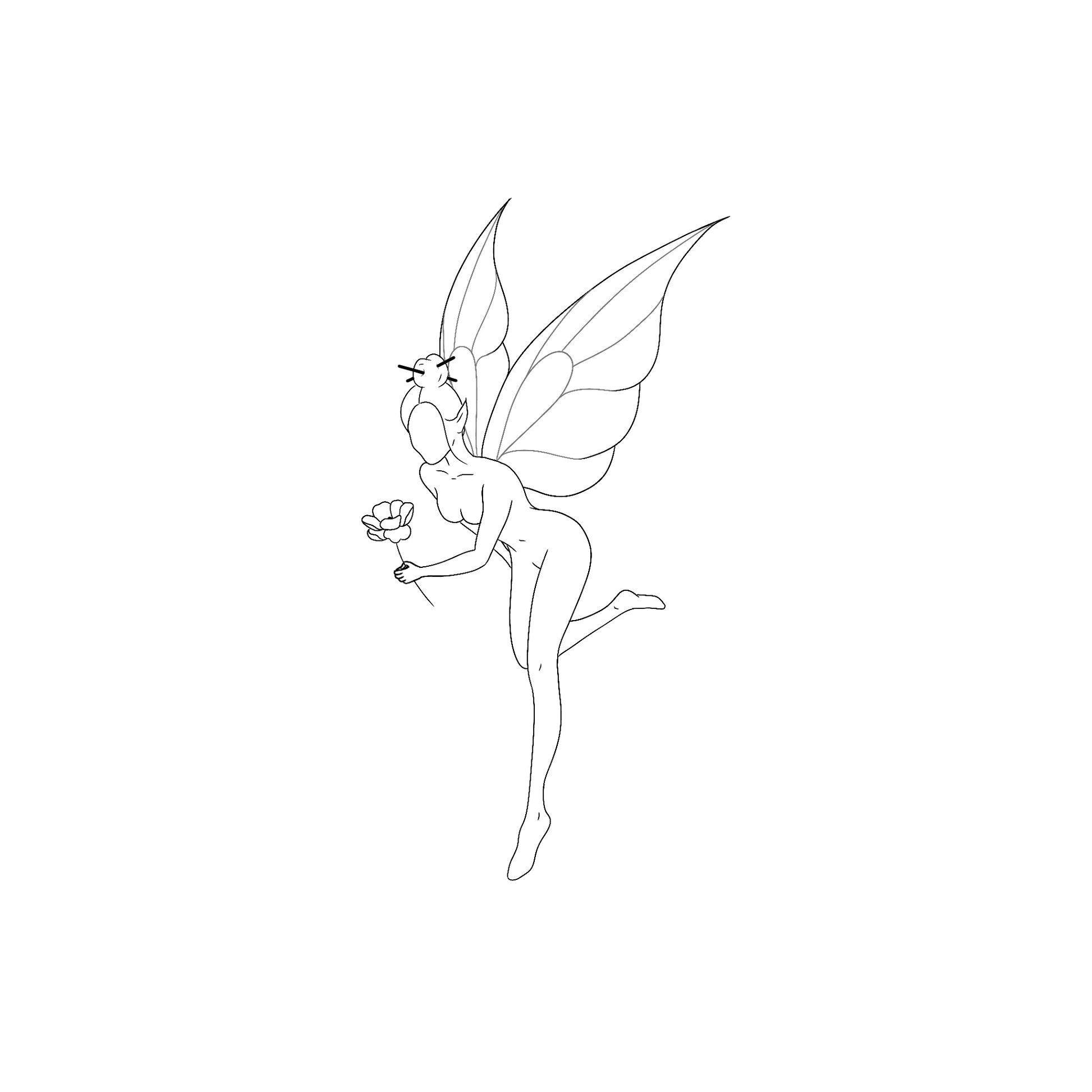 Ontwerp van een elegante fee met grote vleugels, die iets voorovergebogen vliegt met een bloem in haar hand.