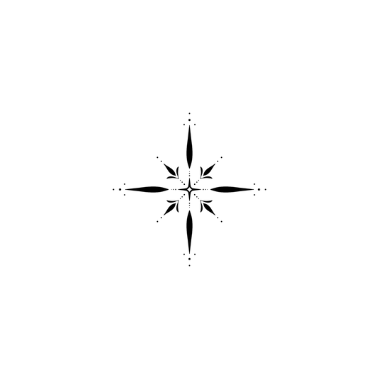 Ontwerp van een symmetrisch, sierlijk ornament in de vorm van een achtpuntige ster met decoratieve stipjes in verschillende formaten in het midden en aan de uiteinden van het ornament.