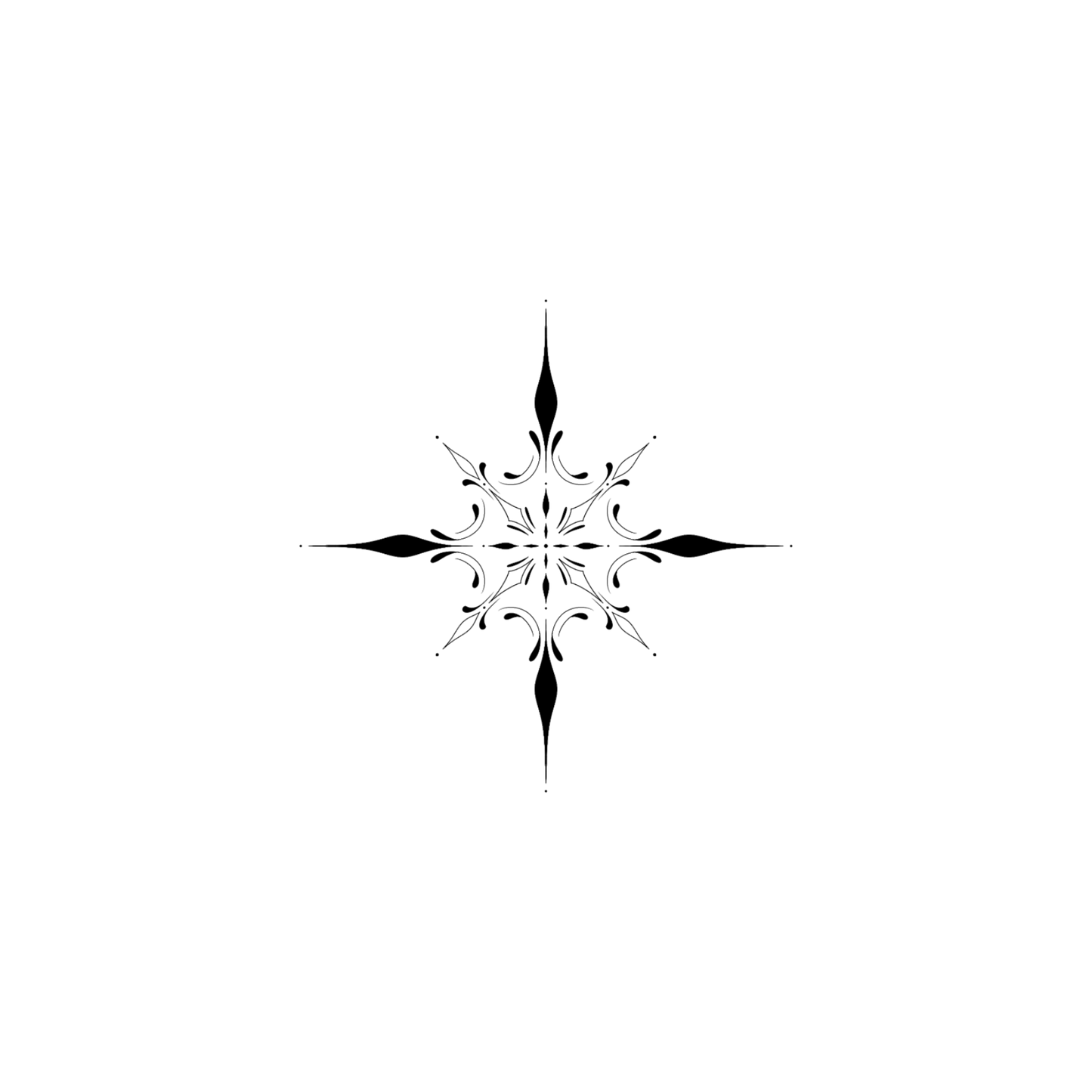 Een symmetrisch ontwerp van een zwart sierlijk ornament, bestaande uit 8 punten met kleine ruitvormen en gebogen druppels als details aan de binnenzijde van het ornament.
