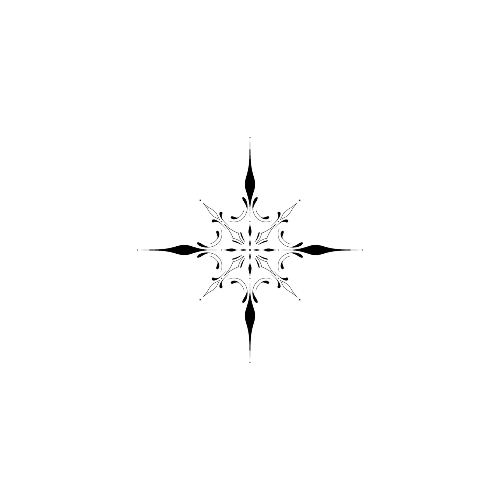 Een symmetrisch ontwerp van een zwart sierlijk ornament, bestaande uit 8 punten met kleine ruitvormen en gebogen druppels als details aan de binnenzijde van het ornament.