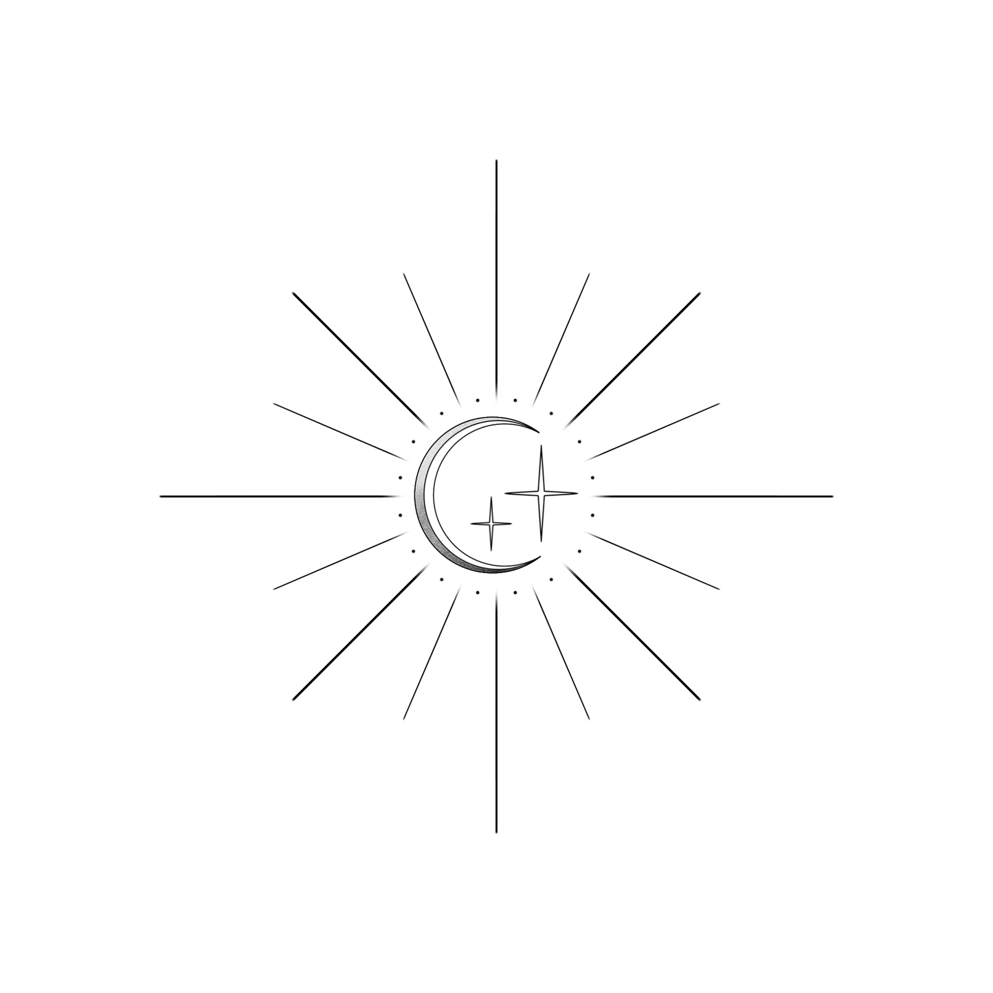 Een minimalistisch ontwerp van een halve maan met dunne zonnestralen er achter. Naast de maan staan twee vierpuntige sterren. De maan en sterren worden omringd door kleine stipjes.