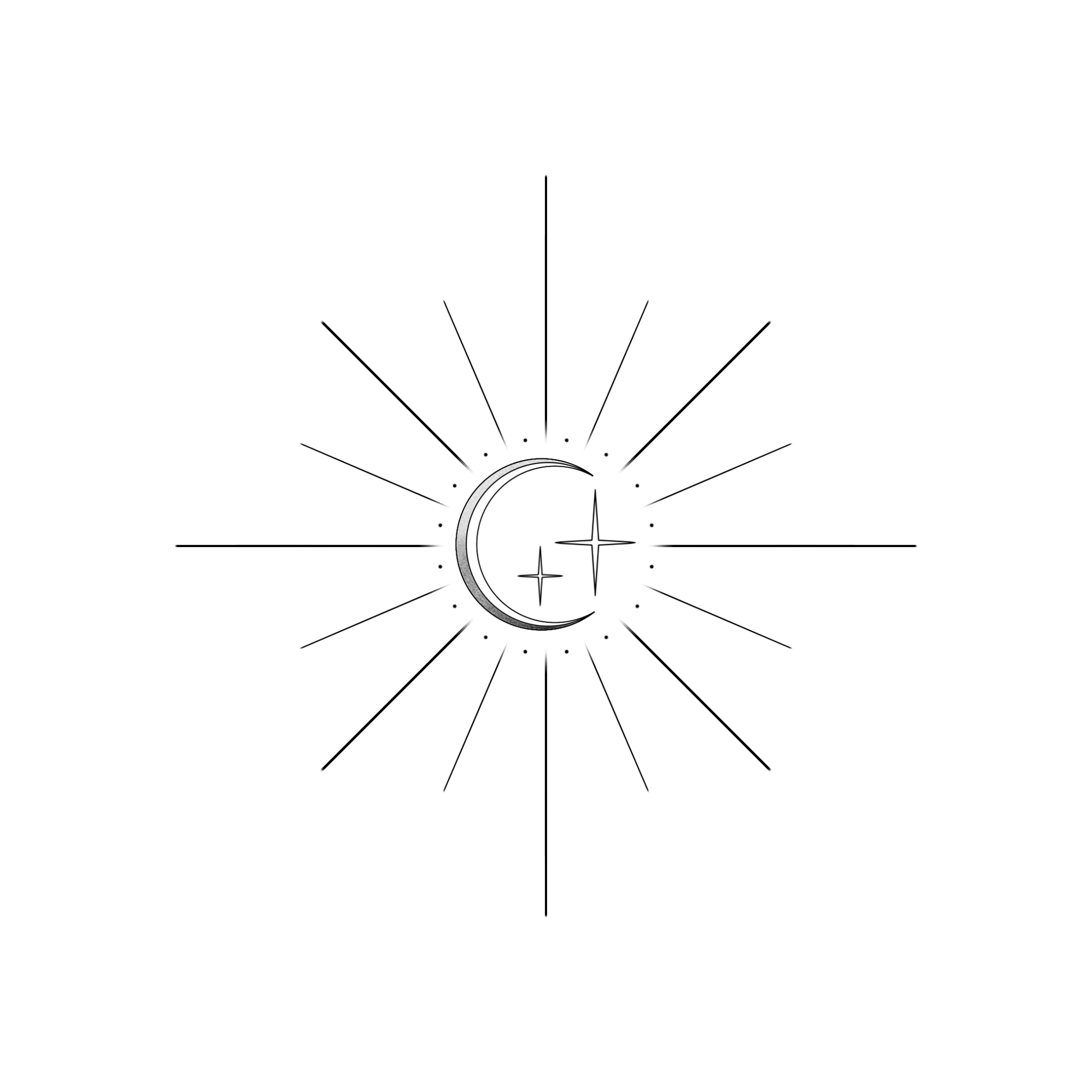 Een minimalistisch ontwerp van een halve maan met dunne zonnestralen er achter. Naast de maan staan twee vierpuntige sterren. De maan en sterren worden omringd door kleine stipjes.