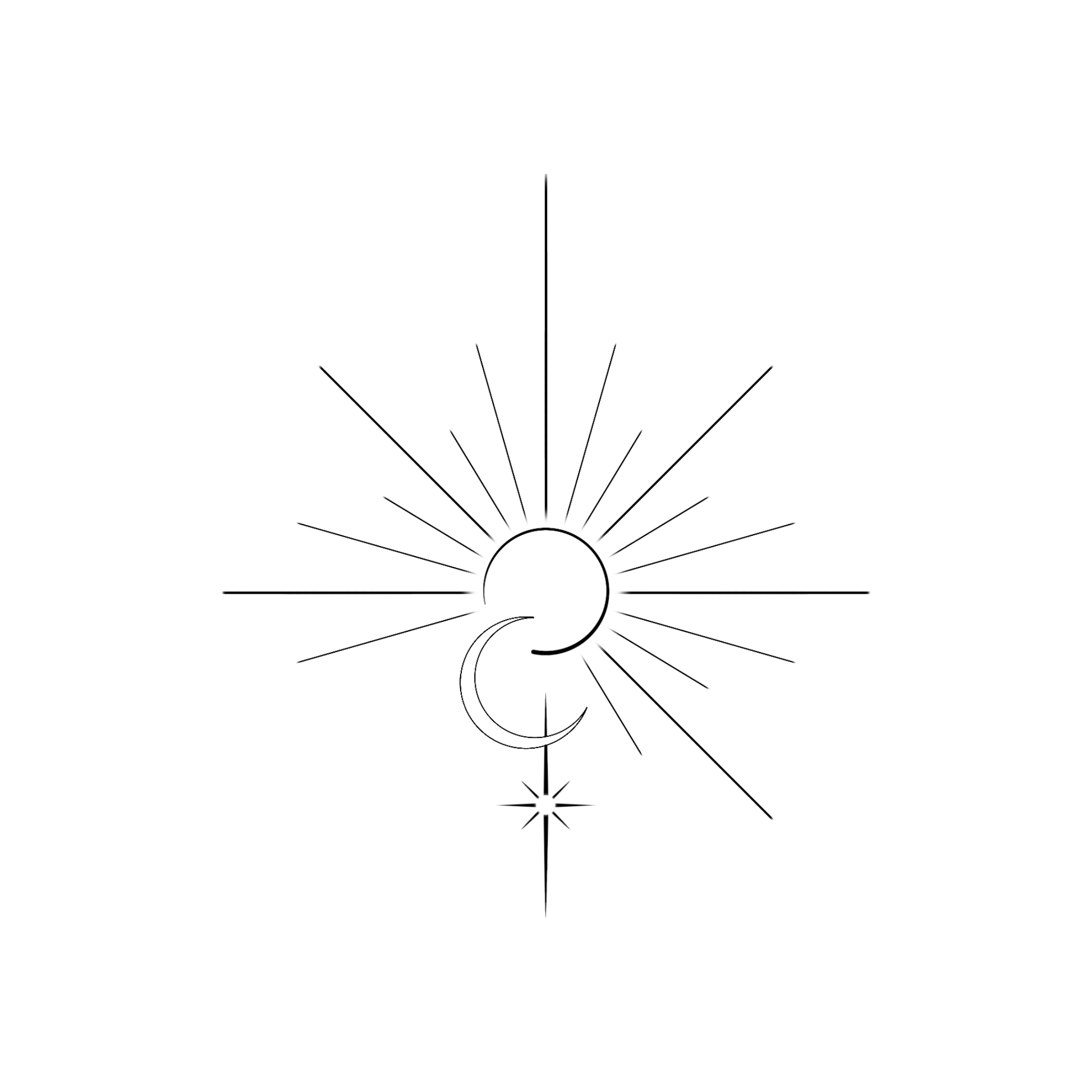 Een minimalistisch ontwerp van een halve zon met stralen en een dunne halve maan die iets voor de zon staat waardoor de stralen worden onderbroken. Onder de maan staat een achtpuntige ster.