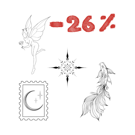 Overzicht van een tattoo bundel met 4 verschillende ontwerpen; een elf, een ornament, een postzegel en een koi. Bovenin staat -26%