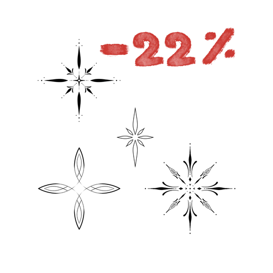 Overzicht van een tattoo bundel met 4 verschillende ornamenten. Bovenin staat -22%.