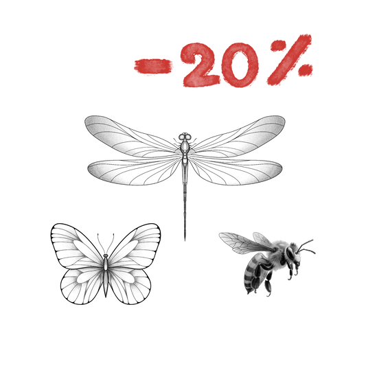 Overzicht van een tattoo bundel met 3 verschillende insecten, bovenin staat -20%