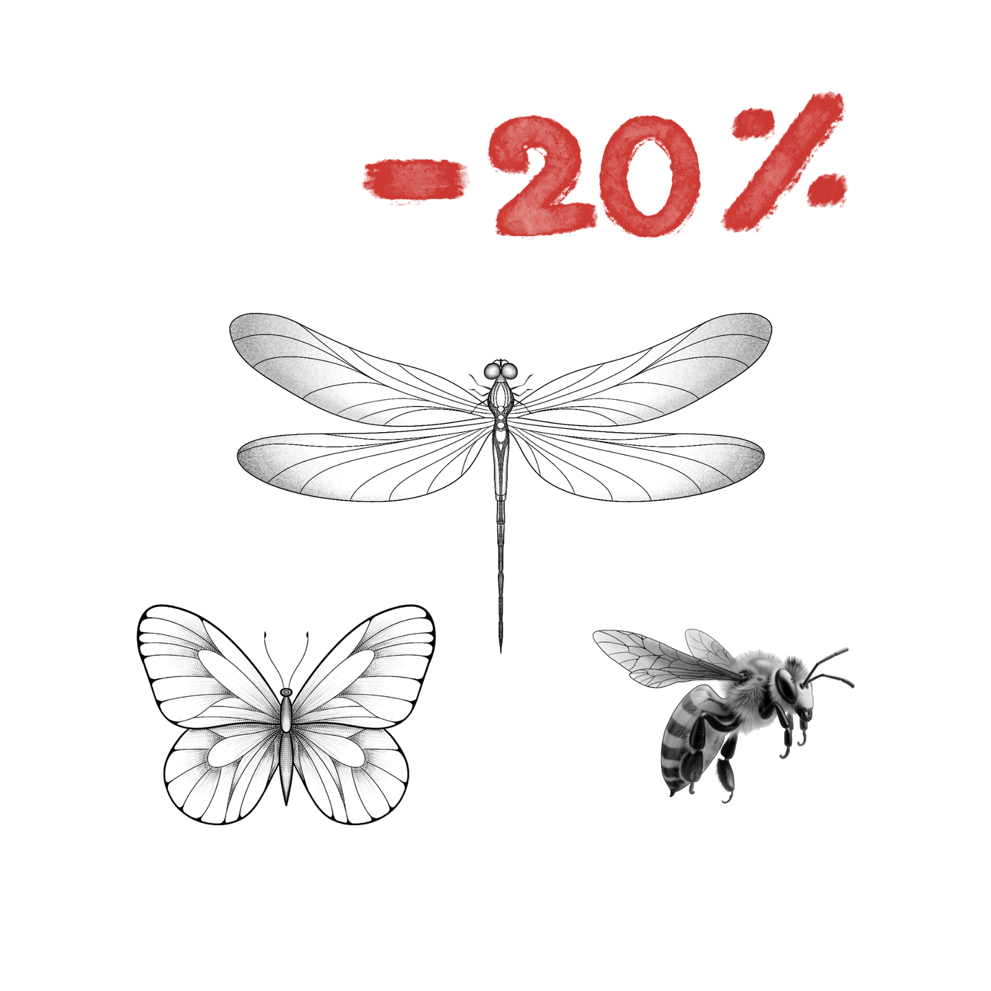 Overzicht van een tattoo bundel met 3 verschillende insecten, bovenin staat -20% 