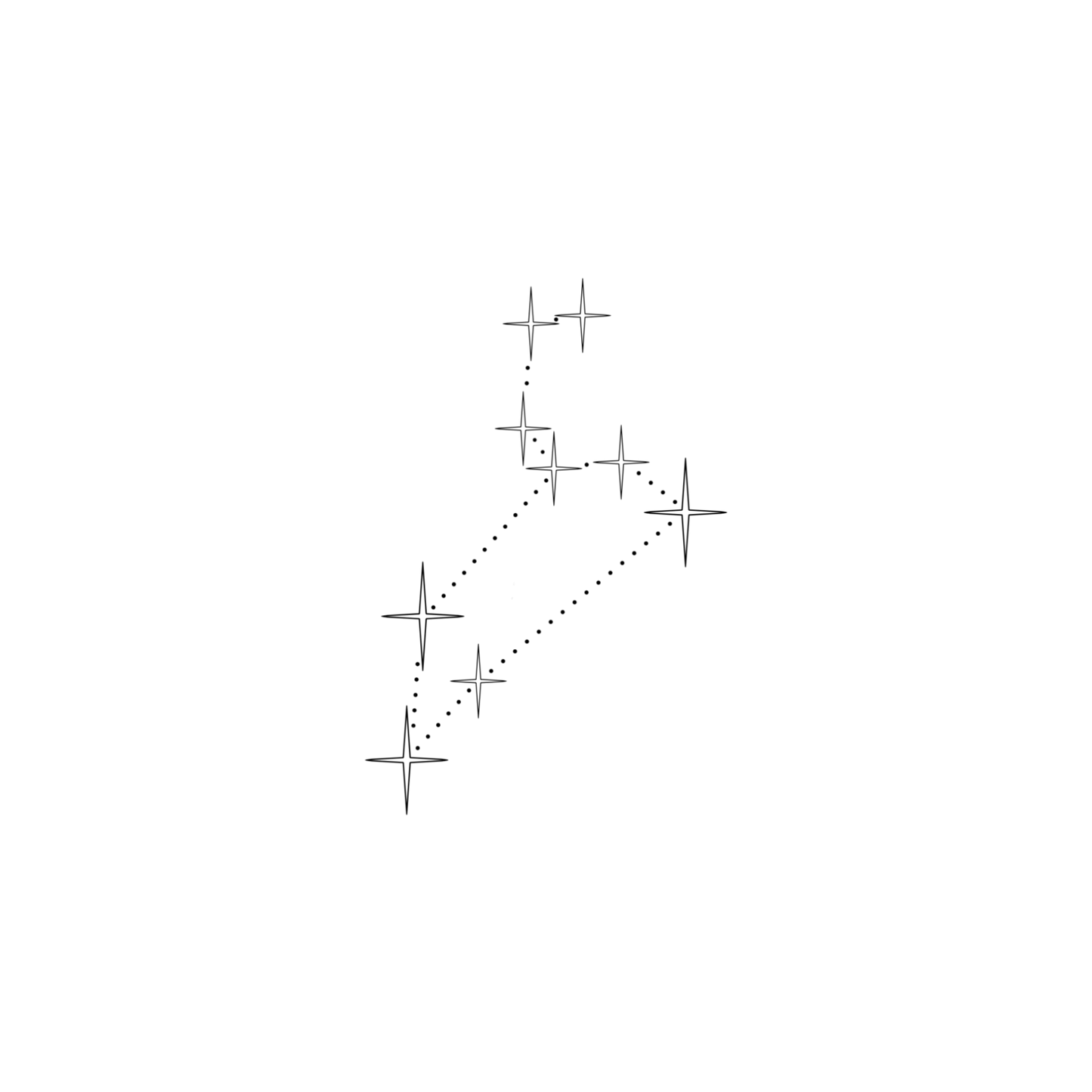 Minimalistisch ontwerp van het sterrenbeeld Leeuw, bestaande uit sterren in verschillende groottes, die verbonden worden door kleine stipjes.