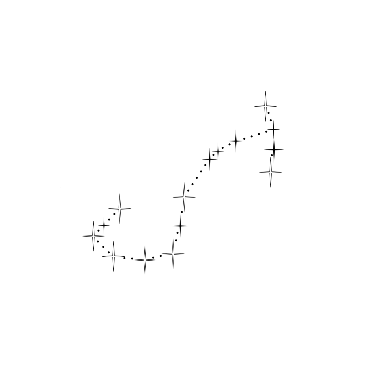Minimalistisch ontwerp van het sterrenbeeld Schorpioen, bestaande uit sterren in verschillende groottes, die verbonden worden door kleine stipjes.